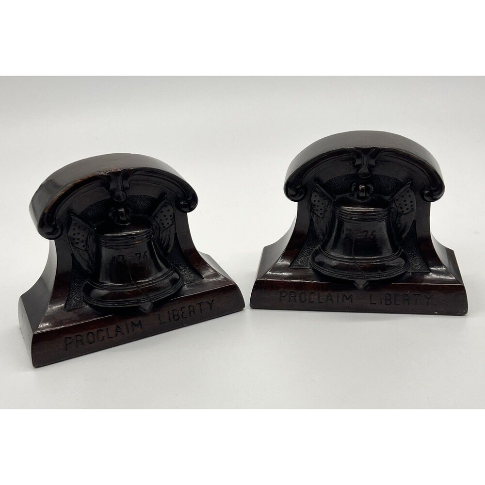 Vintage Bookend Shelf Decor 1776 Proclaim Liberty Bell 1976 Wood Stained  (2)